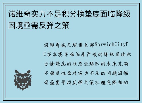 诺维奇实力不足积分榜垫底面临降级困境亟需反弹之策
