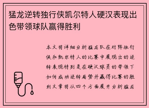 猛龙逆转独行侠凯尔特人硬汉表现出色带领球队赢得胜利