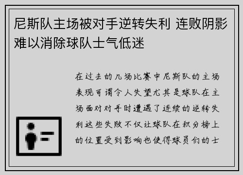 尼斯队主场被对手逆转失利 连败阴影难以消除球队士气低迷