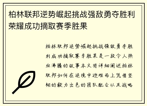 柏林联邦逆势崛起挑战强敌勇夺胜利荣耀成功摘取赛季胜果