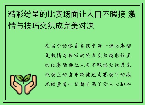 精彩纷呈的比赛场面让人目不暇接 激情与技巧交织成完美对决