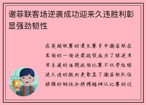 谢菲联客场逆袭成功迎来久违胜利彰显强劲韧性