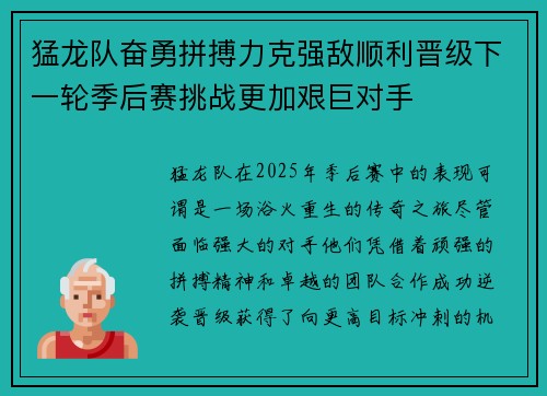 猛龙队奋勇拼搏力克强敌顺利晋级下一轮季后赛挑战更加艰巨对手